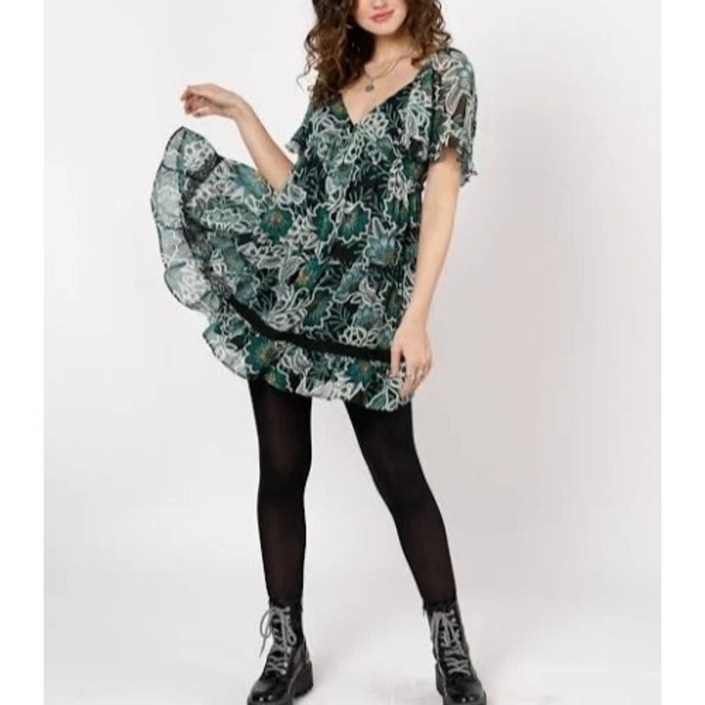 Band of the Free Black Emerald Floral Lace-Up Mini‎ Dress XS Dark Fairy Romantic
